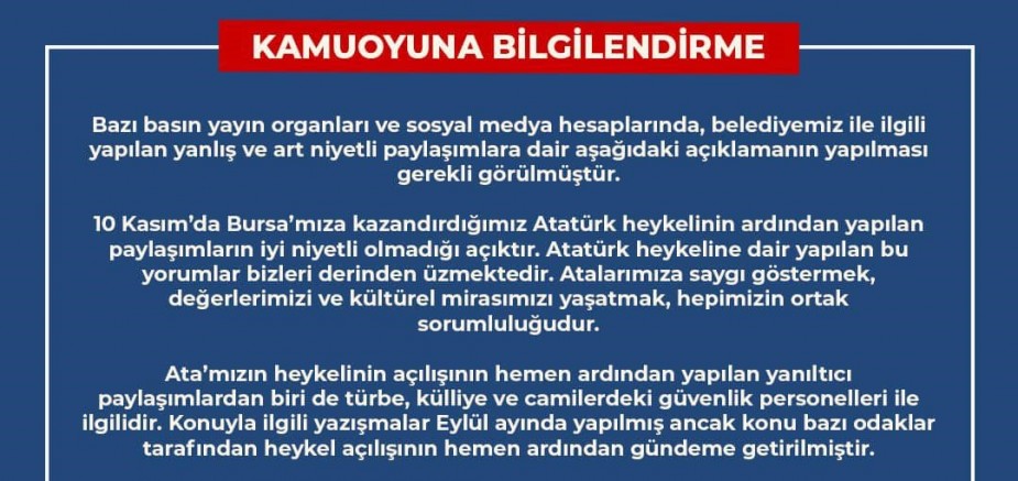 Büyükşehir’den kamuoyuna bilgilendirme