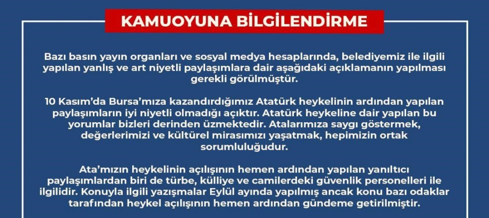 Büyükşehir’den kamuoyuna bilgilendirme